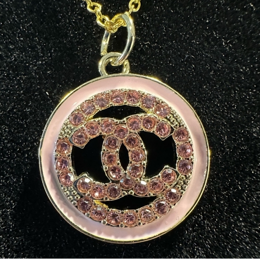 CHANEL Pink Crystal CC Logo Pendant Necklace